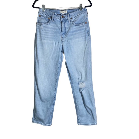 Madewell Light Wash Distressed knee Mid Rise Classic Straight sz 28 - Picture 2 of 12
